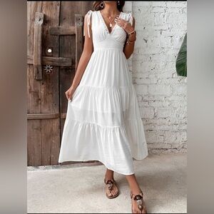 Contrast Lace Tie Shoulder Tiered Ruffle Hem Maxi Dress - Size L